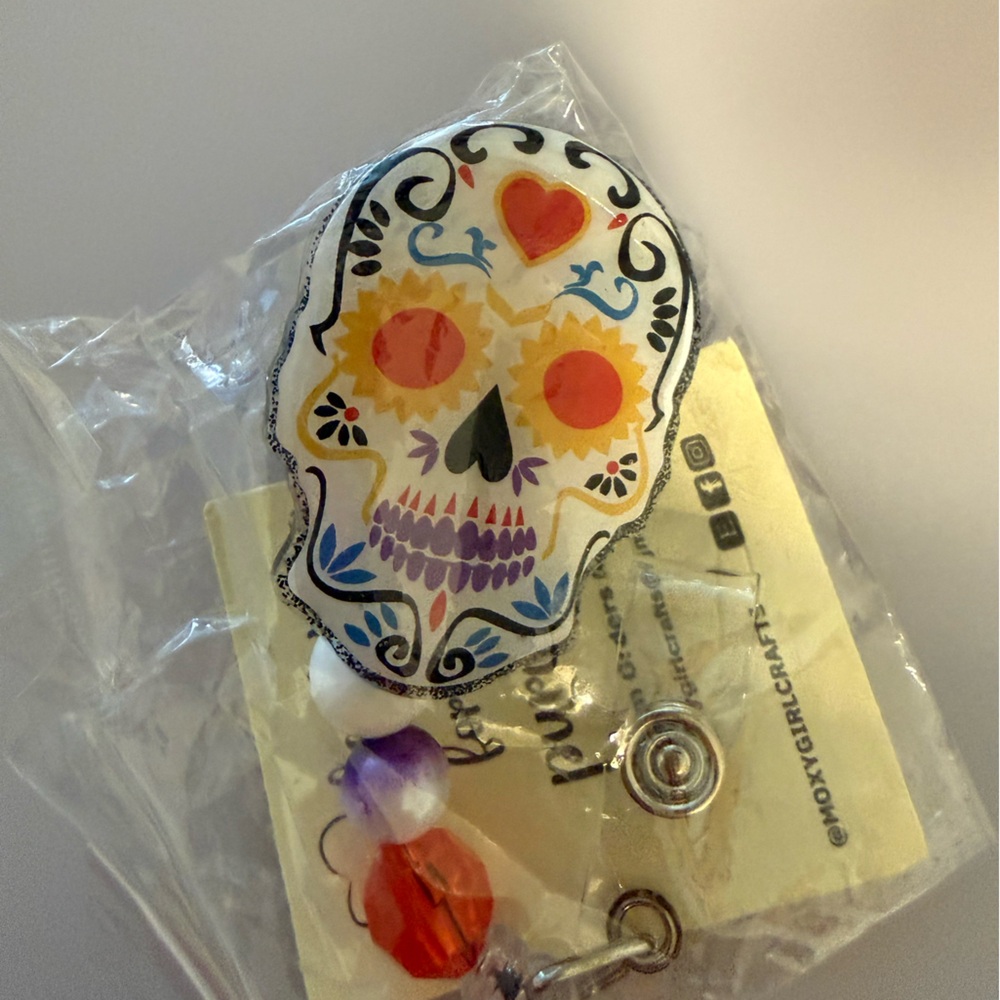 Sugar Skull Badge Reel with Beaded Charm - White, Orange, Purple